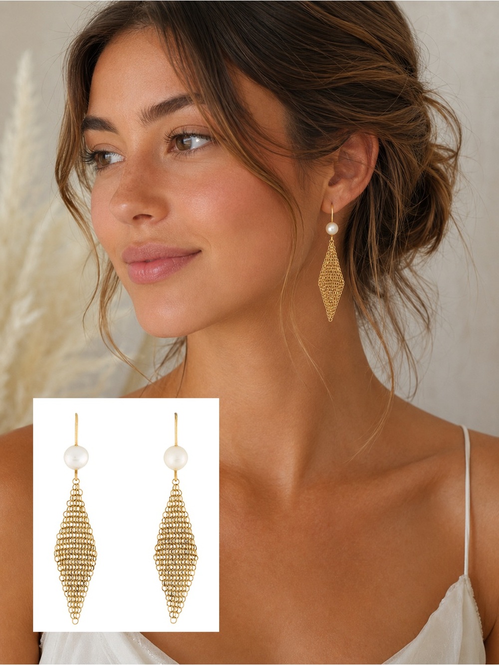 Tiffany & Co. Elsa Peretti 18K Gold Somerset Mesh Pearl Drop Earrings 750 2”